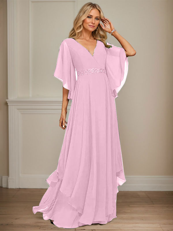 A-Linie V-Ausschnitt Bodenlang Chiffon Kleid für die Brautmutter mit Pailletten Applikationen Spitze Perlen