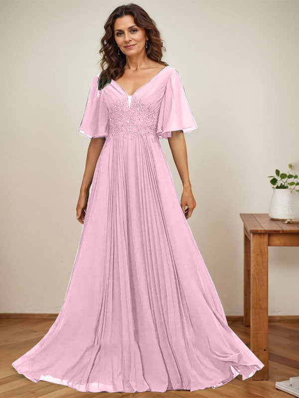 A-Linie V-Ausschnitt Bodenlang Chiffon Mutter der Braut Kleid Mit Pailletten Applikationen Spitze Plissee