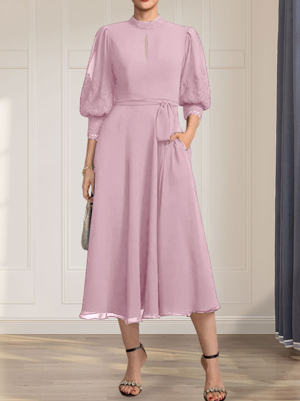 Vestido de gasa con encaje, cuello alto, largo hasta la rodilla, para madre de la novia con lazo