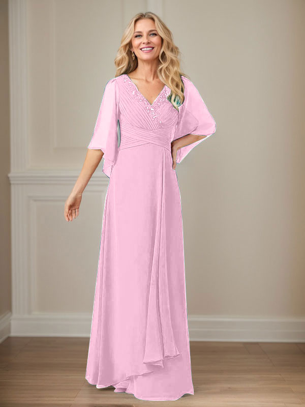 A-Linie V-Ausschnitt Lange Pailletten Chiffon Mutterkleid