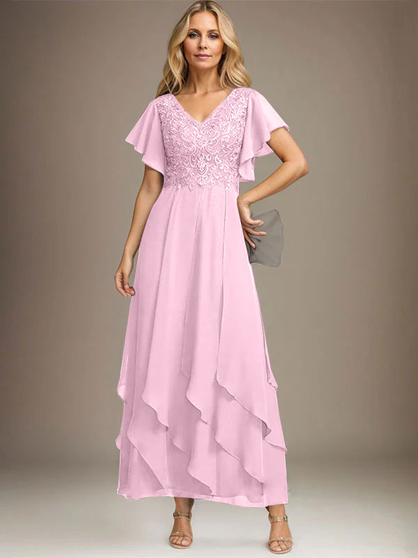 A-Linien-Kleid mit V-Ausschnitt, knöchellang, Spitzenchiffon und kaskadierenden Rüschen