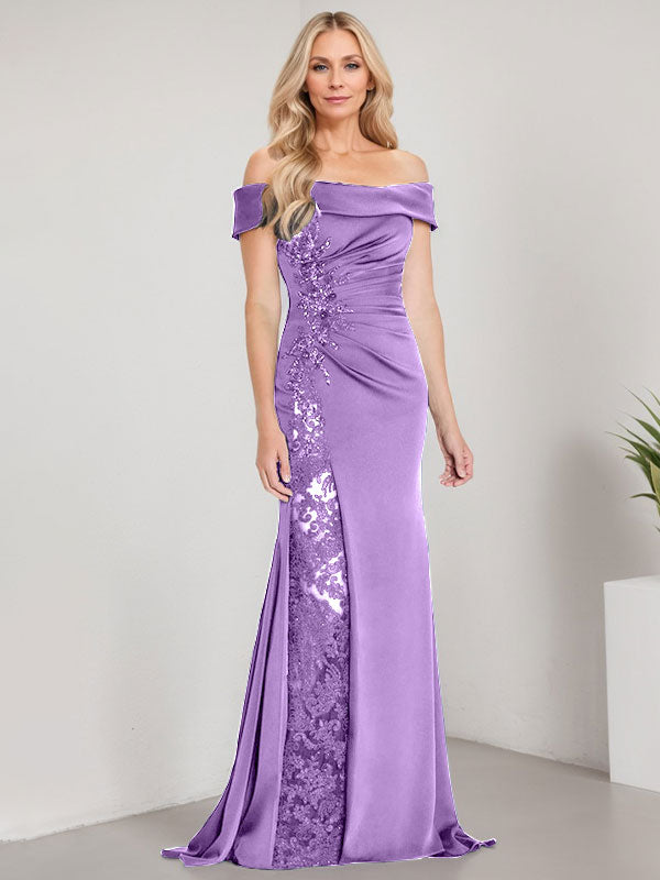 Vestido de sirena con hombros descubiertos, largo hasta el suelo, para madre de la novia, con apliques y cuentas, y abertura alta