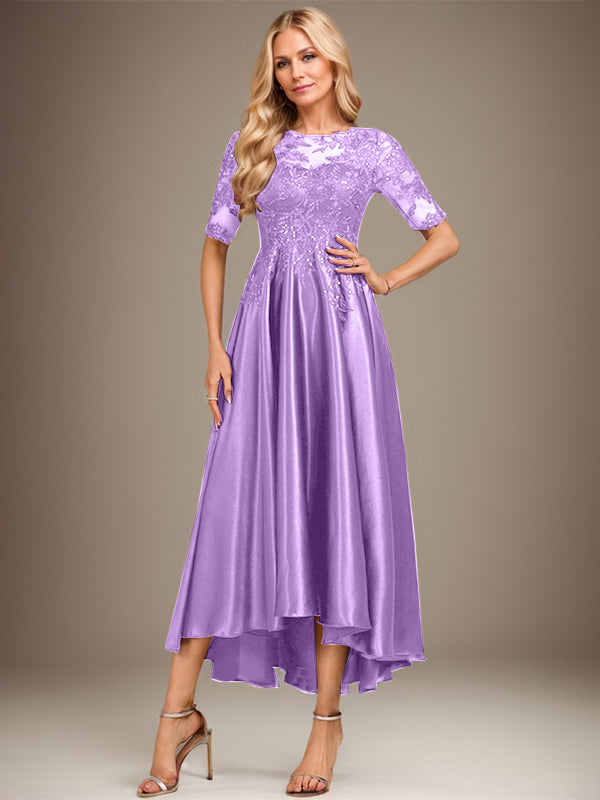 Vestido de madre de la novia de encaje satinado elástico asimétrico con ilusión de escote redondo y lentejuelas