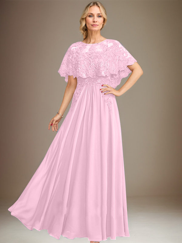 Vestido de madre de la novia de gasa con encaje, escote barco, largo hasta el suelo, con apliques de lentejuelas