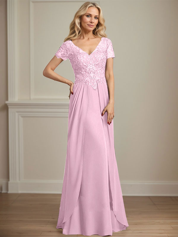 A-Linie V-Ausschnitt Bodenlanges Chiffon-Spitzenkleid für die Brautmutter