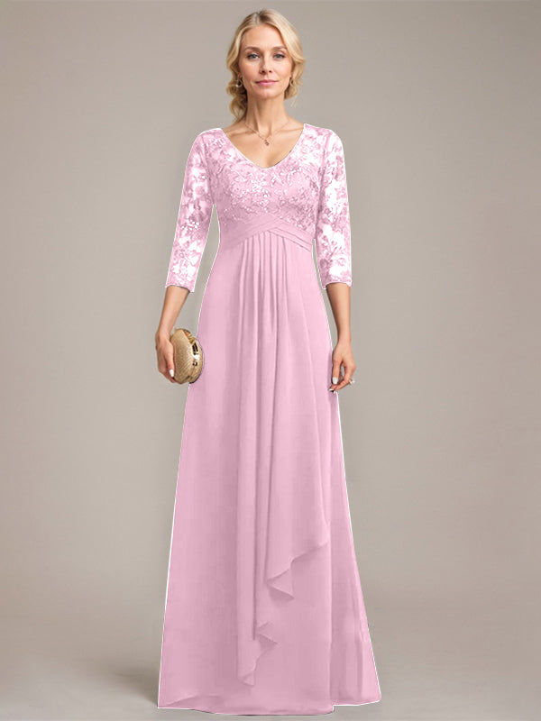 A-Linie, V-Ausschnitt, bodenlanges Chiffon-Kleid für die Brautmutter mit kaskadierenden Rüschen und Pailletten