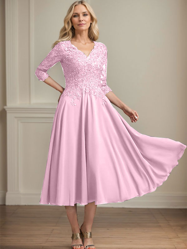A-Linie, V-Ausschnitt, knielang, Chiffon, Spitze, Kleid für die Brautmutter mit Perlen und Pailletten