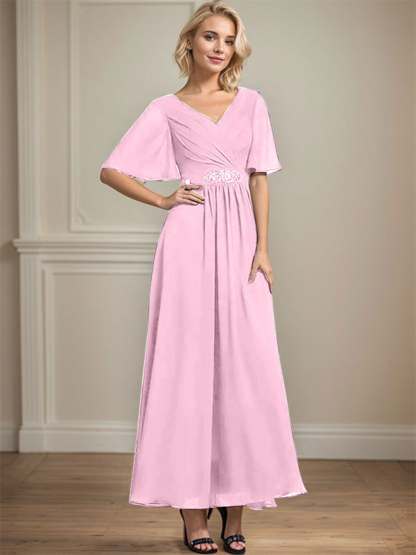 A-Linien-Kleid aus Chiffon mit V-Ausschnitt und Knöchellänge für die Brautmutter mit plissierten Perlen und Pailletten