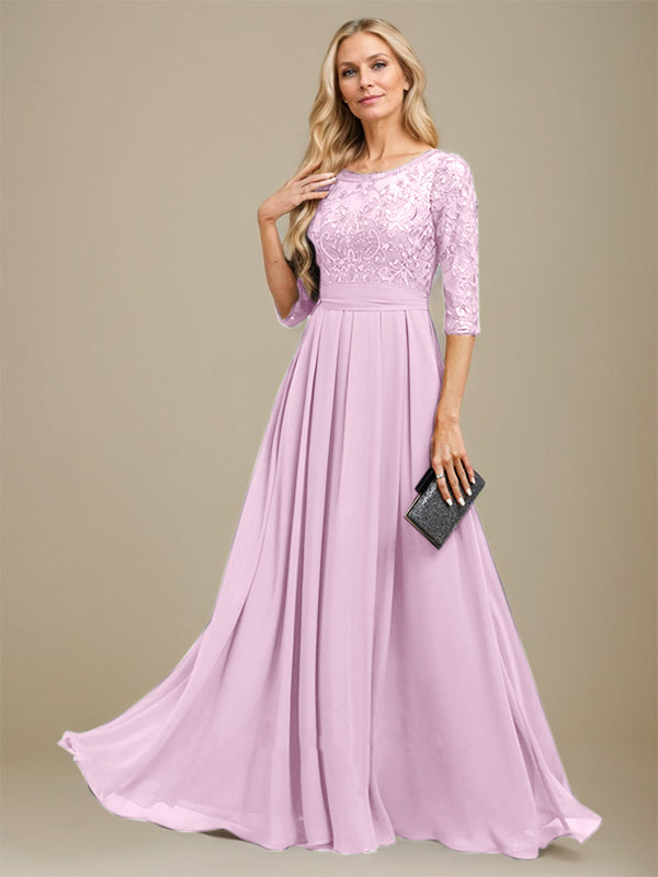 Vestido de madre de la novia de gasa con encaje, corte A, largo hasta el suelo y apliques de lentejuelas