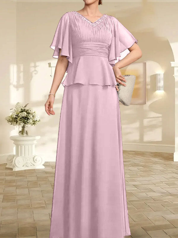A-Linie, V-Ausschnitt, bodenlanges Chiffonkleid für die Brautmutter mit plissierter Perlenstickerei