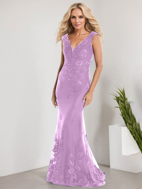 A-Linie V-Ausschnitt Bodenlang Spitze Chiffon Mutter der Braut Kleid Mit Applikation Pailletten Meerjungfrau Kleider