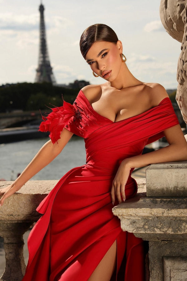 Long Mermaid Off The Shoulder Satin Evening Prom Dresses with Slit