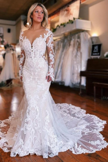 Vestido de novia sirena de manga larga con sobrefalda