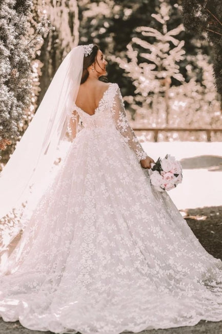 Lange Ärmel Spitze Rundhals Ballkleid Brautkleid