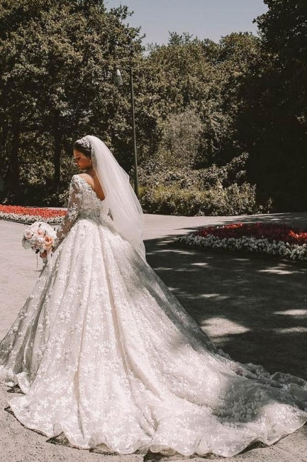 Lange Ärmel Spitze Rundhals Ballkleid Brautkleid