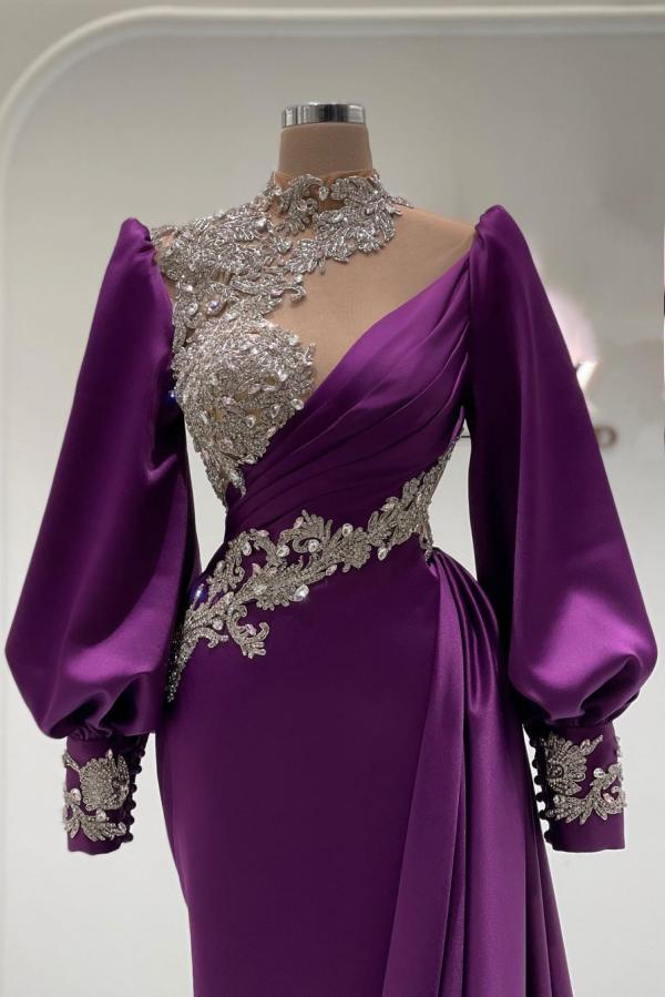 Glamorous Long Sleeves High Neck Satin Mermaid Prom Dresses
