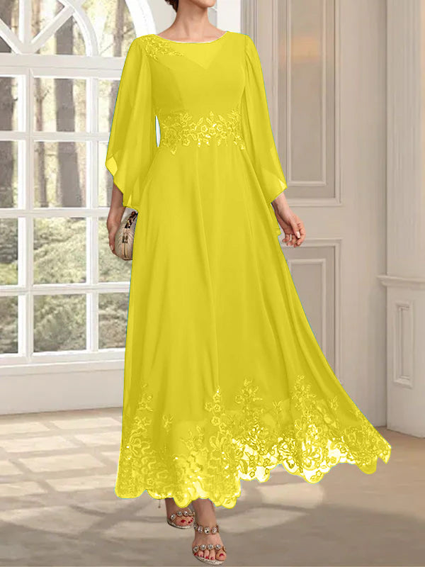 Vestido de gasa con encaje y lentejuelas para madre de la novia, corte A, escote ilusión, largo hasta los tobillos