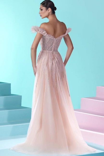 Luxuriöses, schulterfreies, langes Meerjungfrau-Ballkleid aus Spitze mit Glitzer in Rosa