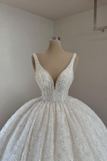 Luxuriöses Prinzessinnen-Brautkleid in A-Linie mit V-Ausschnitt, Spitze, Perlenbesatz und Glitzer