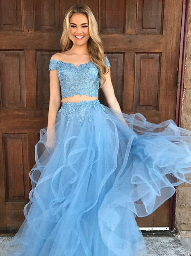 Vestidos de fiesta de tul de dos piezas con hombros descubiertos y apliques