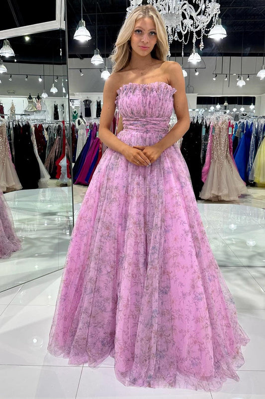 Vestido de fiesta de tul con purpurina, estampado, sin tirantes y corte A