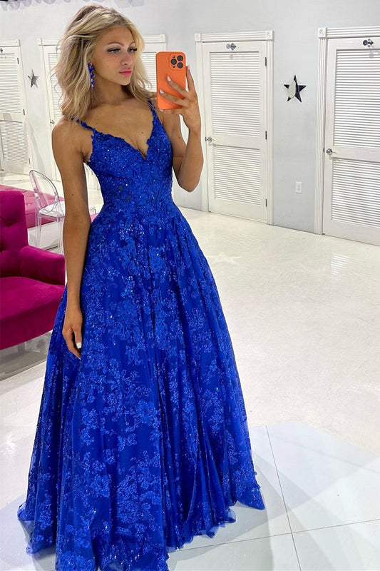 Vestido de fiesta largo de corte A con escote en V y encaje de lentejuelas