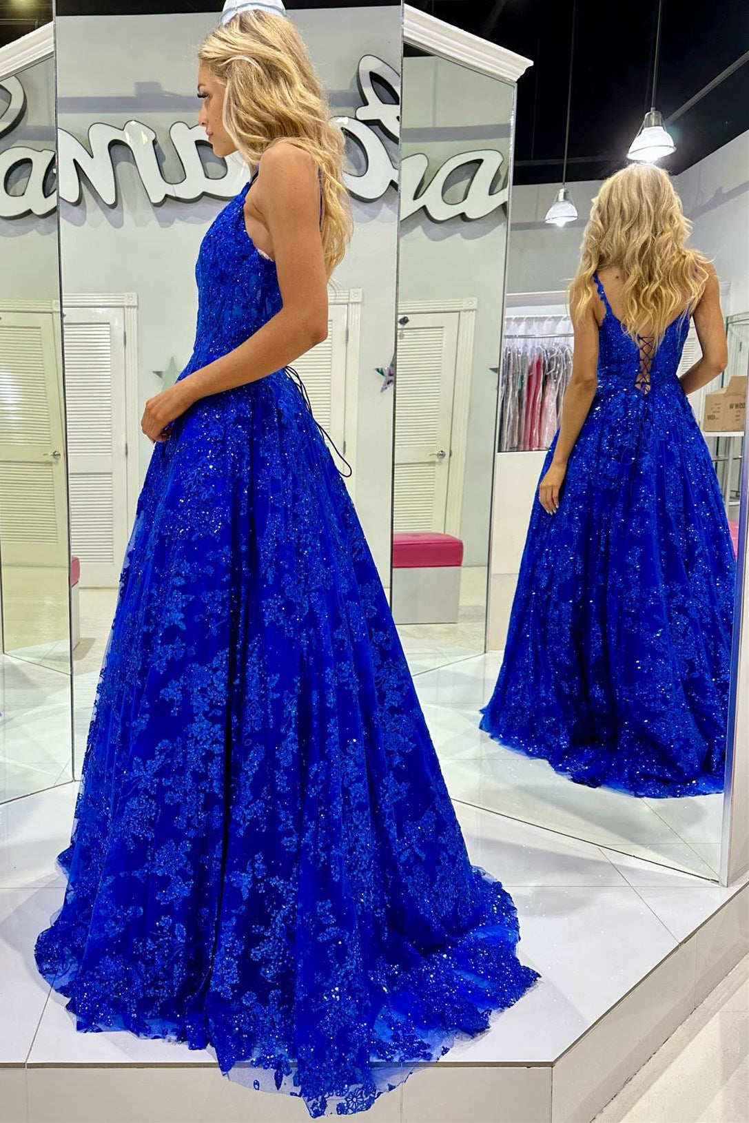 Vestido de fiesta largo de corte A con escote en V y encaje de lentejuelas