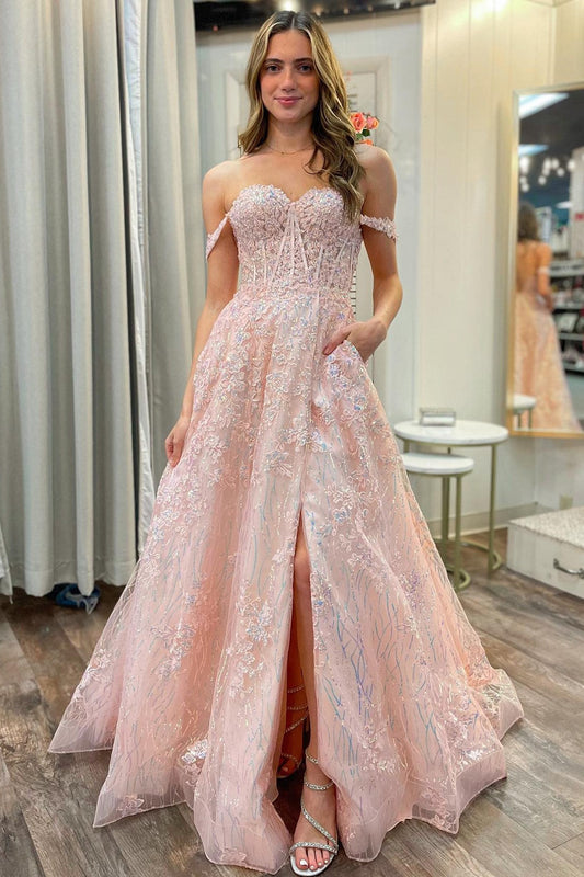 Vestido de fiesta largo de corte A con hombros descubiertos y apliques