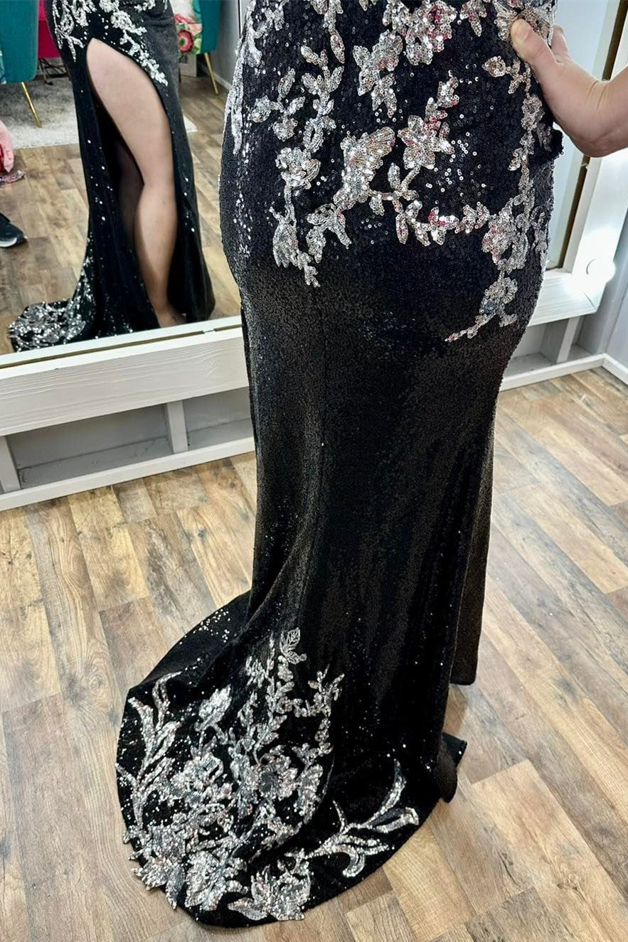 Vestido de fiesta largo con tirantes finos, apliques de lentejuelas y abertura