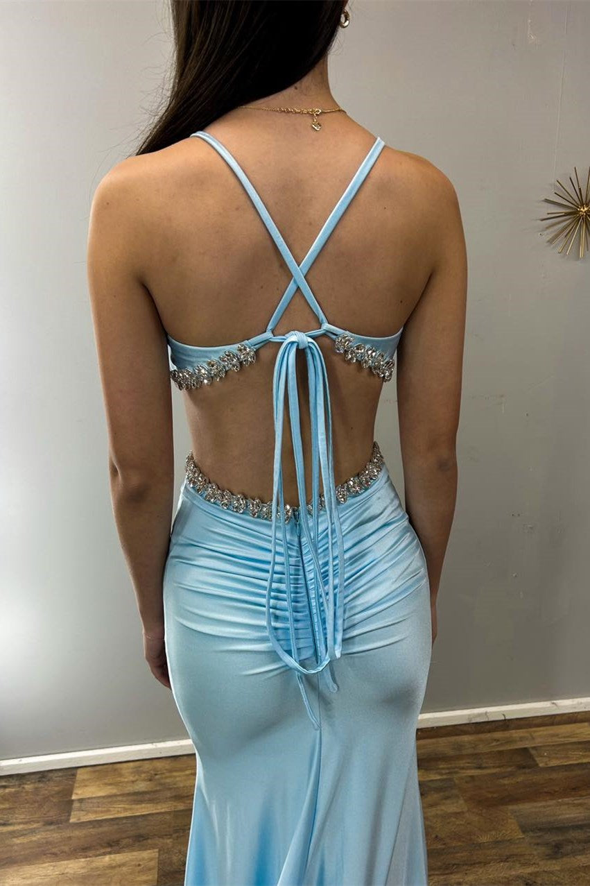 Vestido formal largo estilo sirena con escote en V y aberturas con diamantes de imitación