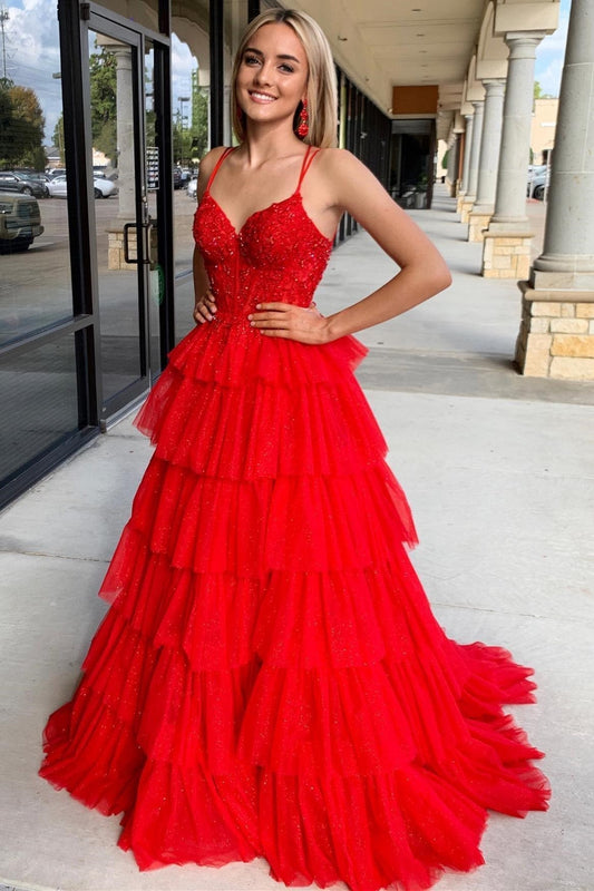 Langes Ballkleid im Korsett-Stil mit gestuften Rüschenapplikationen und Spaghettiträgern
