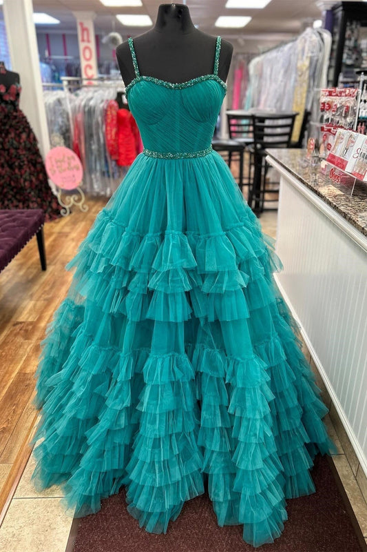 Langes Ballkleid mit Stufen-Rüschen, Herzausschnitt und Perlen
