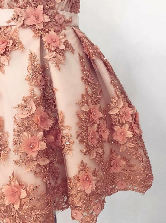 Tüll A-Linie V-Ausschnitt Homecoming-Kleid Perlenrosa Kurzes Ballkleid