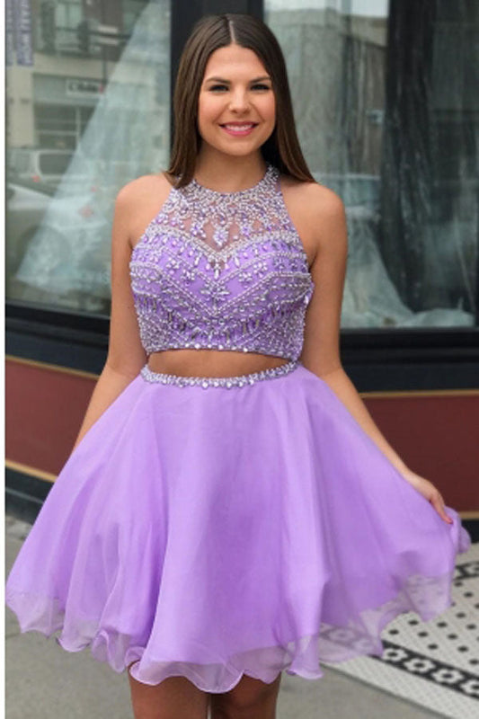 Vestidos de fiesta morados de corte A, cortos y económicos, con cuentas, MH443
