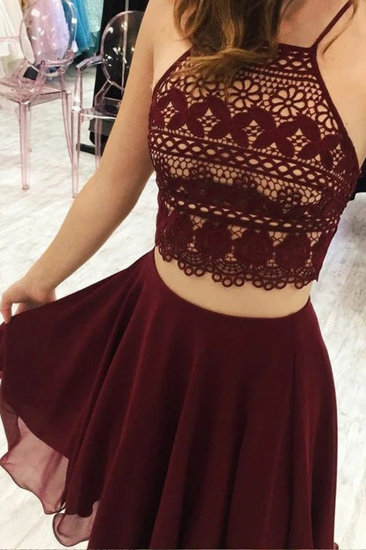 Vestidos de fiesta burdeos de dos piezas, corte A, tirantes finos, sin mangas