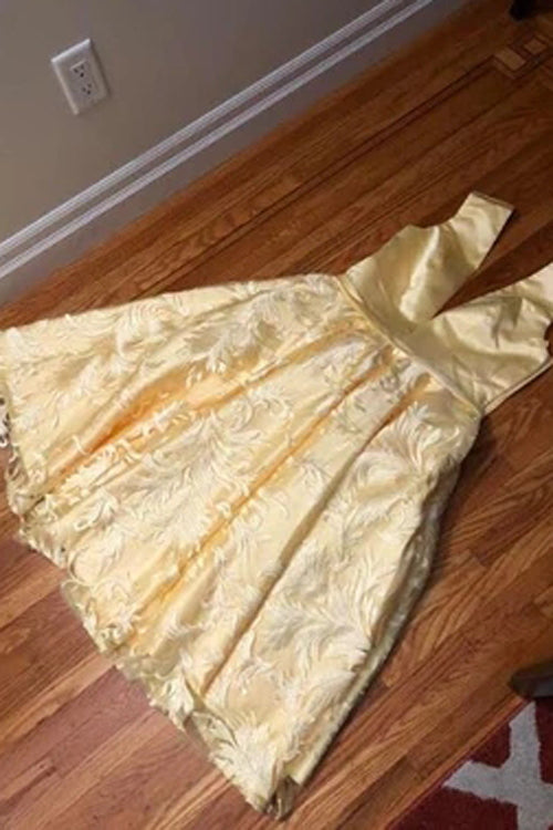Heimkehrkleid mit tiefem V-Ausschnitt, süßes gelbes, knielanges Ballkleid aus Spitze