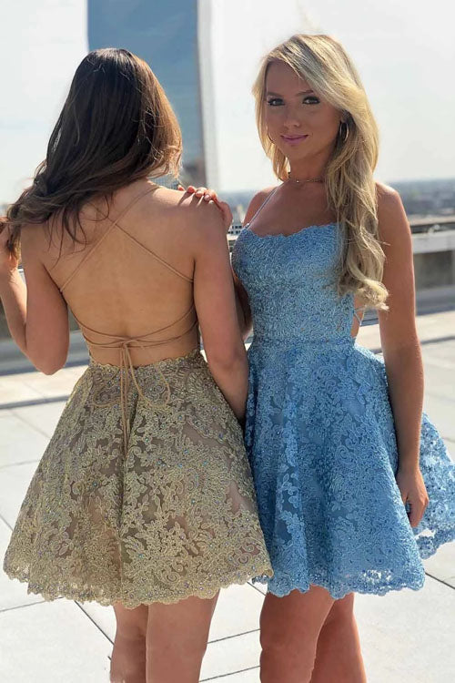 Vestidos de fiesta de encaje con tirantes finos y espalda descubierta