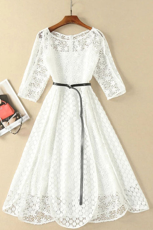 Elegantes vestidos de fiesta blancos de media manga con encaje y cuello redondo