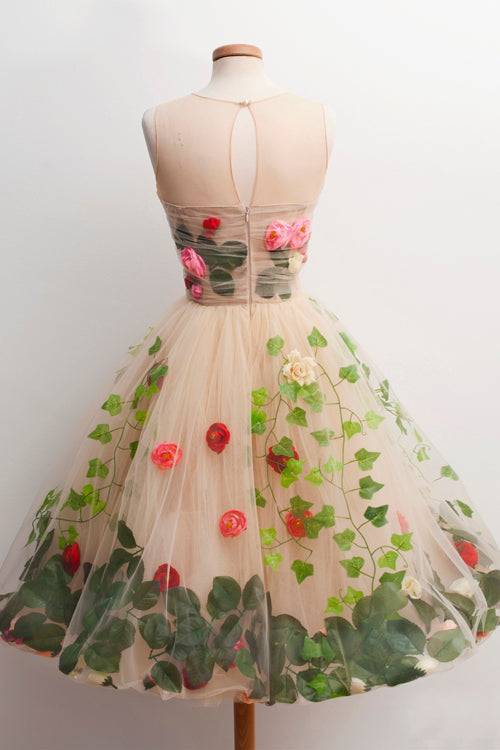 A-Linie U-Ausschnitt Knielanges Homecoming-Kleid mit roten Blumen
