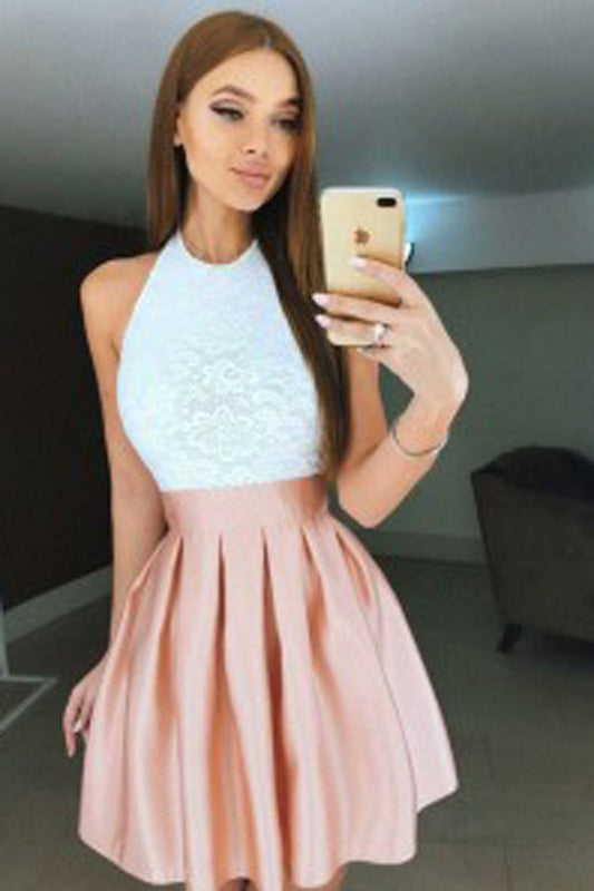 Vestidos de fiesta formales de satén ruborizado, de corte A, con cuello halter, de encaje blanco