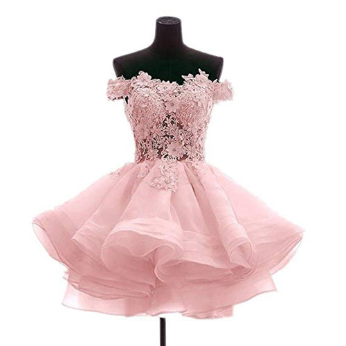 Off The Shoulder Pink Lace Short Prom Dresses Sweetheart Homecoming Dresses