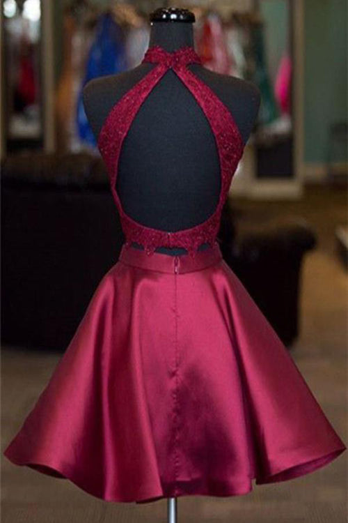 Burgunderrotes zweiteiliges A-Linien-Abendkleid aus Satin mit kurzem Schnitt