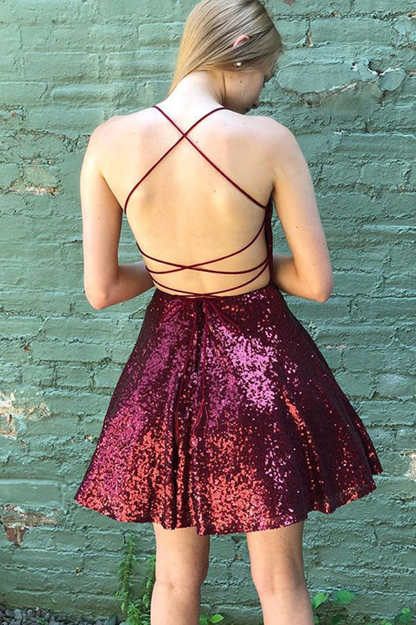 Cheap Dark Red Sequin Short Homecoming Dresses Short Prom Dresses