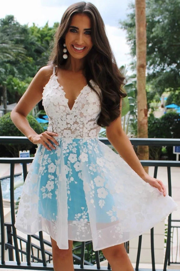 Spaghetti Straps Blue Applique Short Prom Dresses Homecoming Dresses,