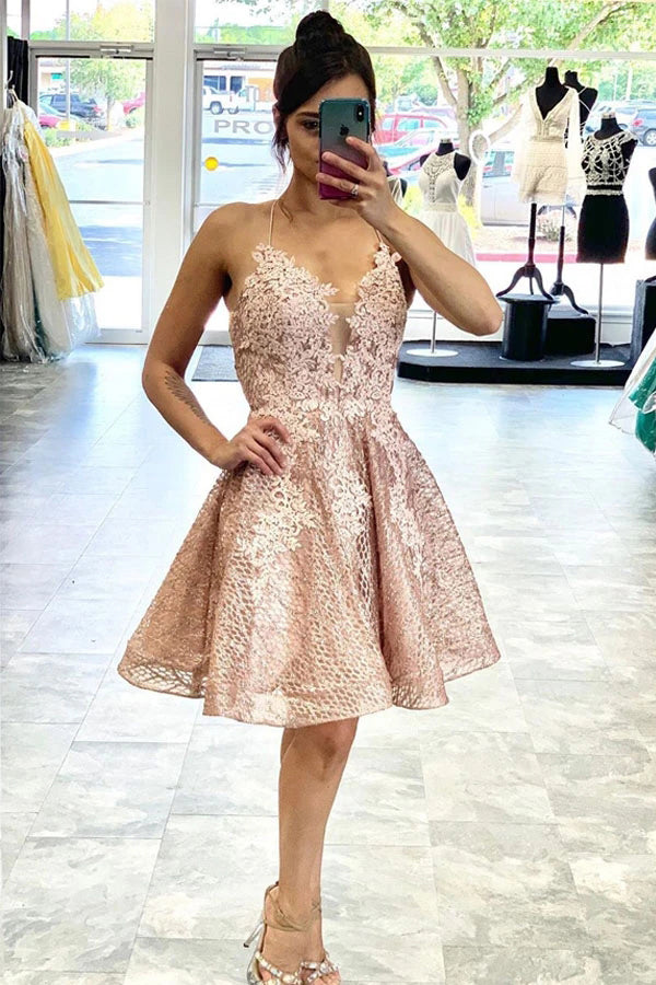 A-Linie, kurzes Ballkleid aus Spitze, Heimkehrkleid mit überkreuztem Rücken