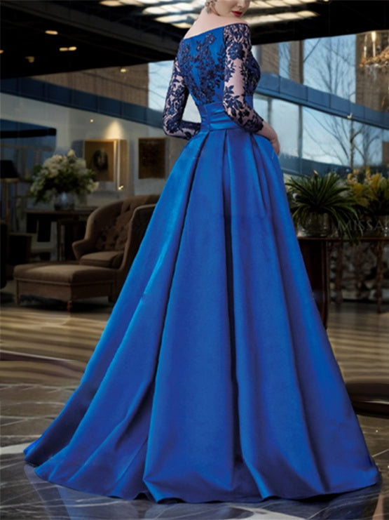 Vestidos para madre de la novia de corte A/princesa, hombros descubiertos, mangas 3/4 y largo hasta el suelo
