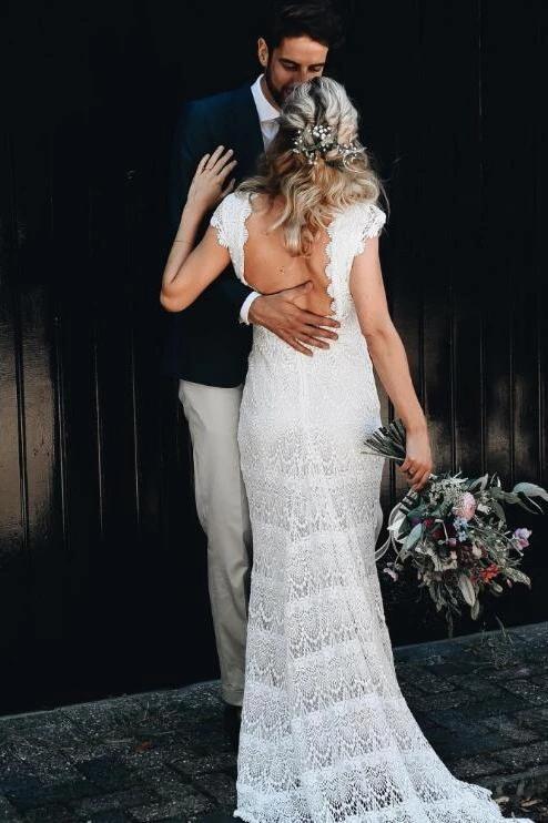 Roycebridal Spitze Boho Meerjungfrau Rückenfrei Flügelärmeln Bohemian Brautkleider
