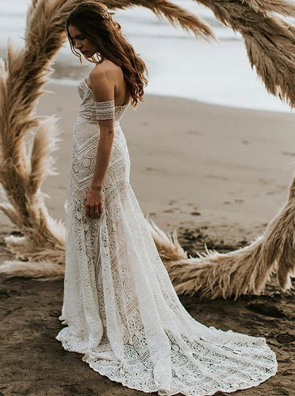 Roycebridal Sweetheart Neck Lace Beach Elfenbein Rustikal Boho Brautkleider