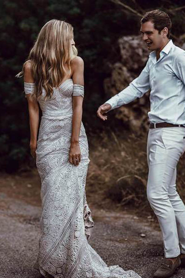Roycebridal Sweetheart Neck Lace Beach Elfenbein Rustikal Boho Brautkleider