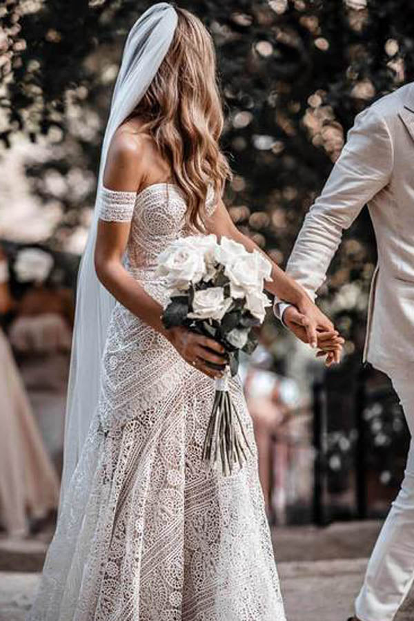 Roycebridal Sweetheart Neck Lace Beach Elfenbein Rustikal Boho Brautkleider